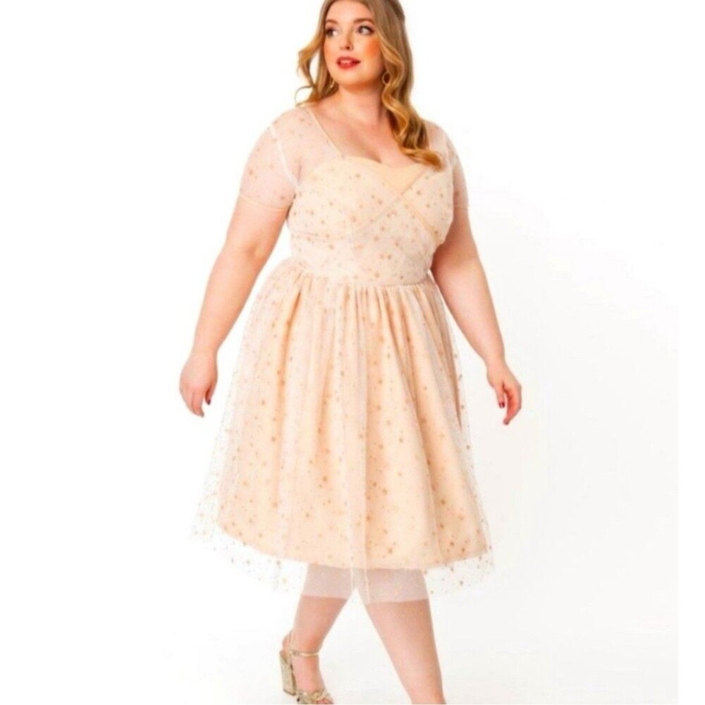 Unique Vintage Peach Tulle Midi Dress with Gold Star Embellishments